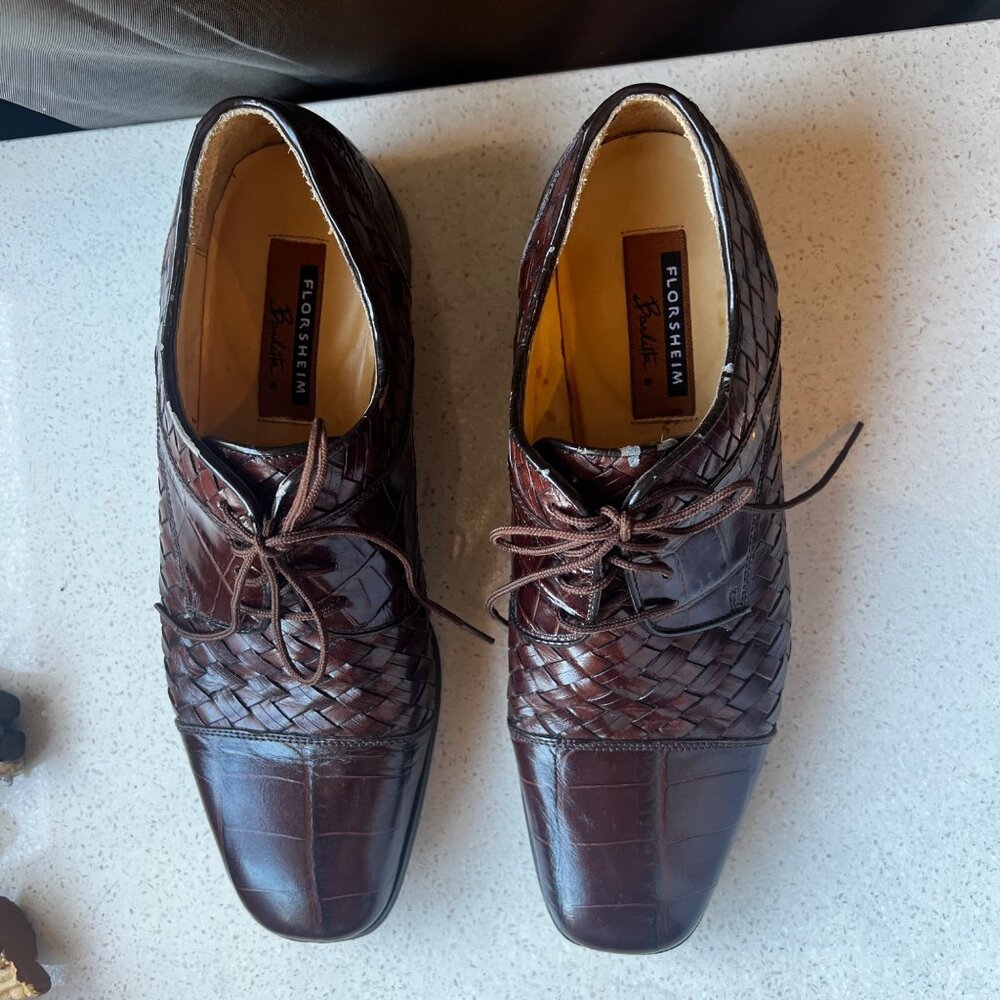 Florsheim Mens Brown Leather Weave & Croc Embossed Dress Shoes Size 10 D - Picture 4 of 12